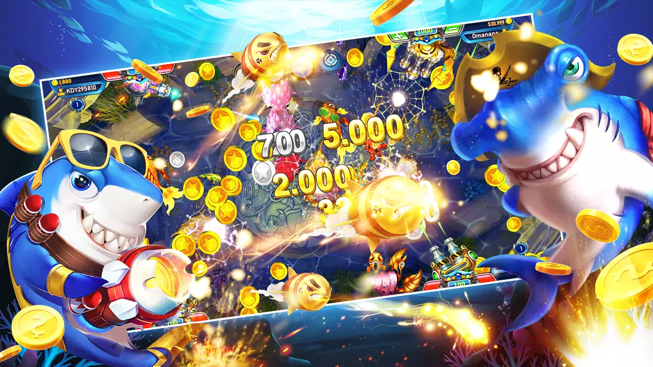 หน้าจอเกมยิงปลาใต้น้ำพร้อมเป้าหมายหลากหลาย